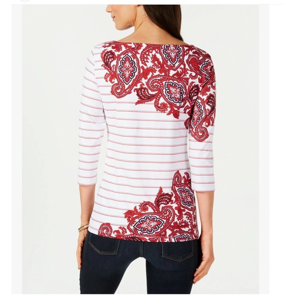Charter Club Tops - Charter Club Petite XL Boatneck 3/4 Sleeve Top Red White Stripe Paisley NWT